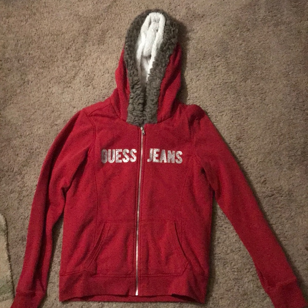 Guess Jeans Red Hoodie with Faux Fur Lining